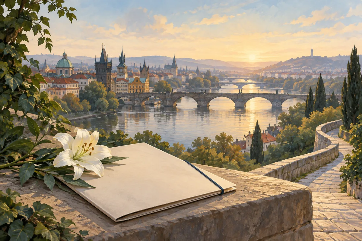 Conceptual Czech landscape and blank permission folder with a white flower