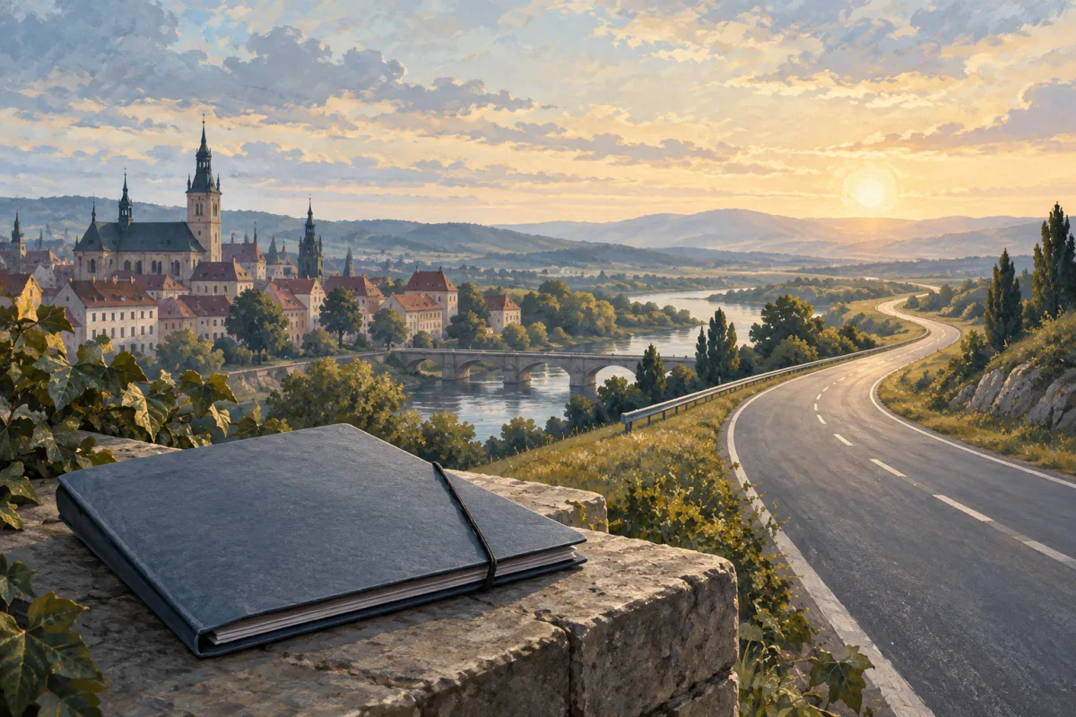 Illustrative outbound road and document folder, not an actual Polish border crossing